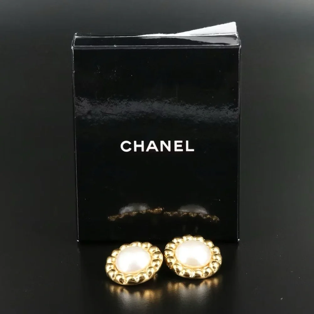 CHANEL Pearl Clip Earrings with Box